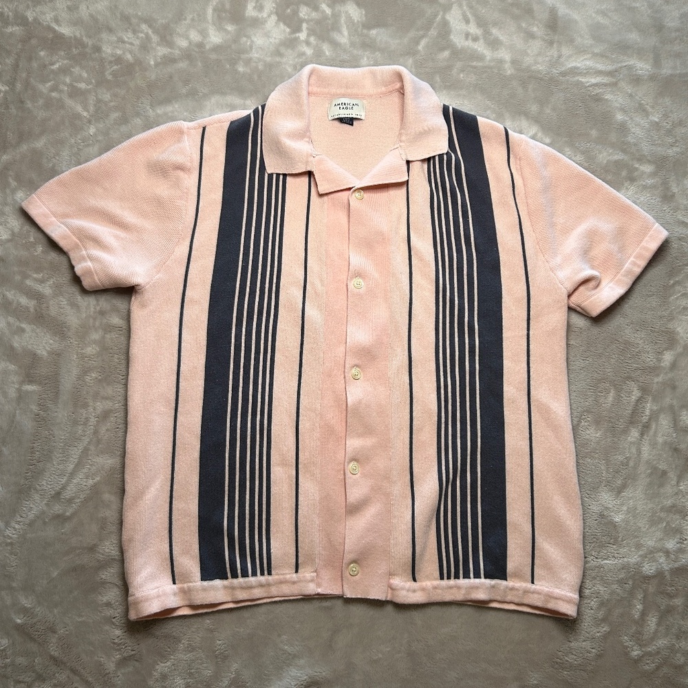 American Eagle Shirt Mens L Pink Striped Weekend Button Up Sweater Polo Retro
